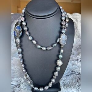 Real Baroque Black Pearl Necklace - Agate Stone Tassle Enhancer Pendant